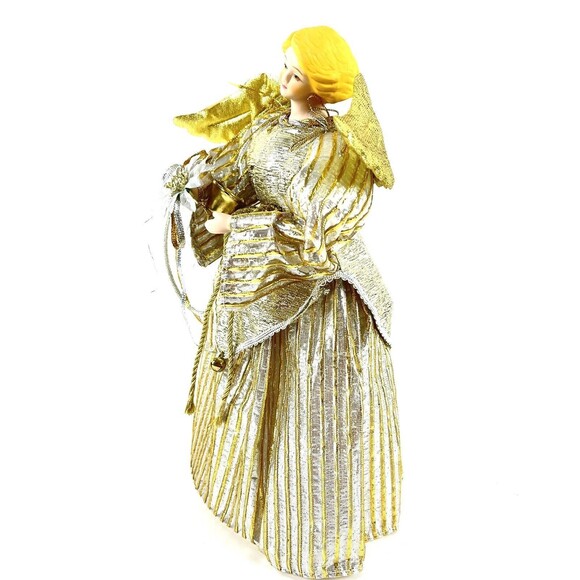 Golden Winged Angel Christmas Tree Topper with Bell & Flower Porcelain Face 12in - Picture 4 of 13